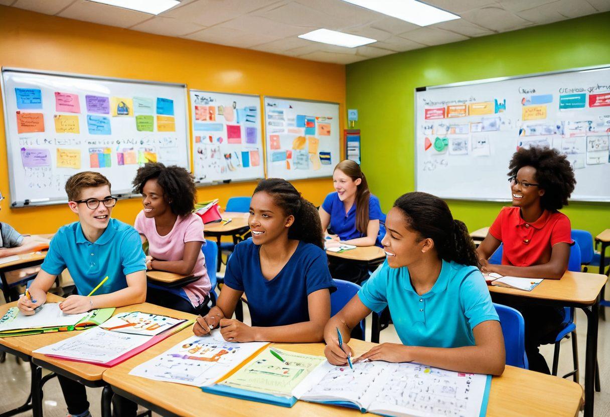 A whimsical classroom scene featuring diverse students engaged in grammar improvement exercises, surrounded by colorful grammar charts and innovative tools like digital tablets and interactive whiteboards. Lively expressions of enthusiasm as they collaborate in pairs, with books and stationery scattered around. Warm, inviting colors to evoke a sense of creativity and learning. cartoon style. vibrant colors. bright background.