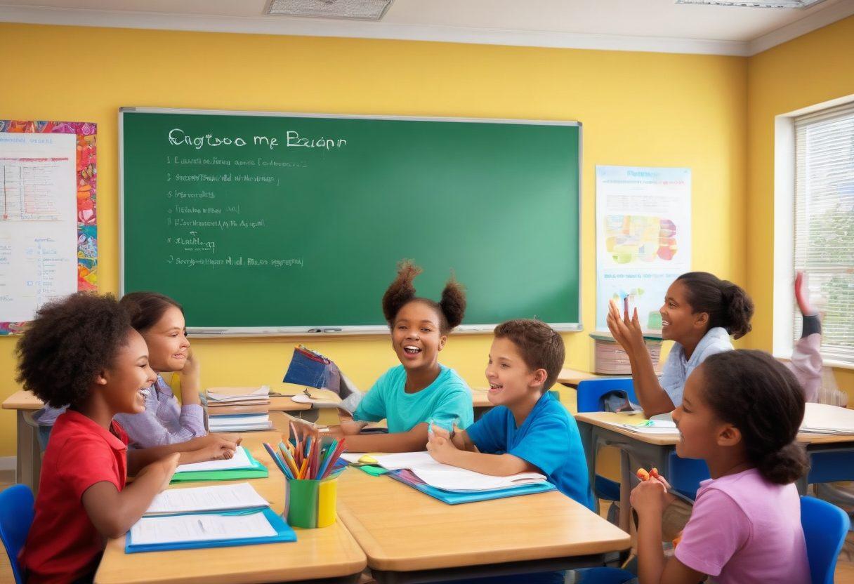A cheerful classroom scene displaying diverse students engaged in learning English grammar with colorful books and interactive tools. Illustrate a large blackboard filled with bright grammar rules and examples, while a joyful teacher guides them with enthusiasm. Add elements of academic success like diplomas and trophies in the background. The setting should be warm and inviting, emphasizing joy and collaboration. vibrant colors. super-realistic.